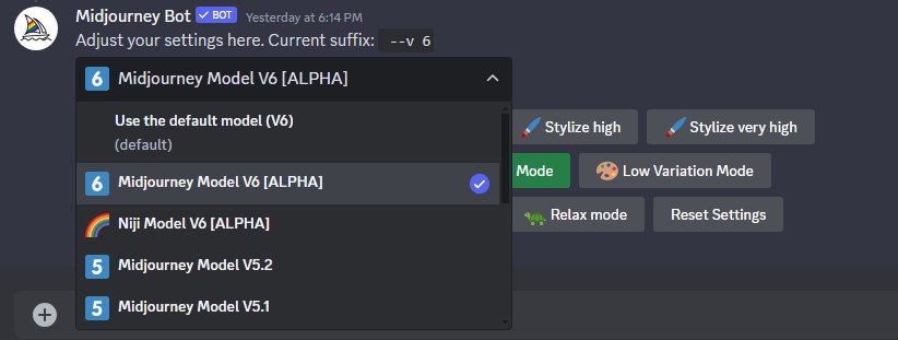 midjourney setting version mode
